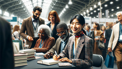 author smiling as she signs books for readers.