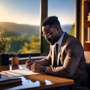 writer at window writing a book